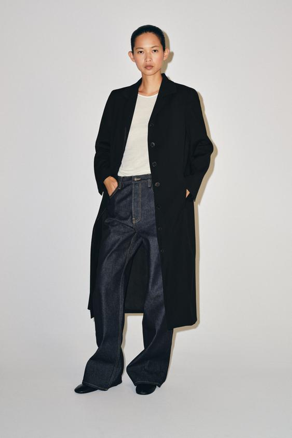 ZARA ДЛИННОЕ ПАЛЬТО ИЗ 100% ШЕРСТИ — ZW COLLECTION, ЧЕРНЫЙ