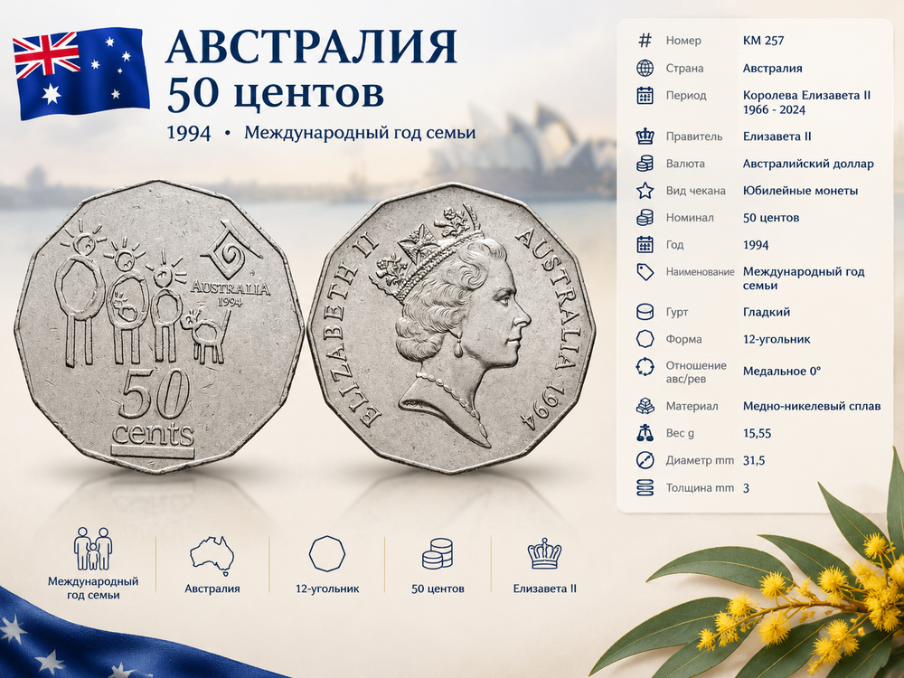 Австралия 50 центов, 1994 Международный год семьи XF