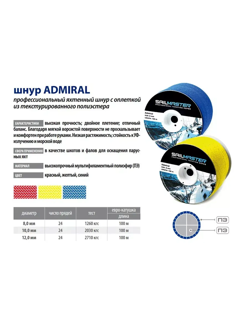 Шнур для яхт Admiral, Италия 10,0 мм, 100 м,еврокатушка
