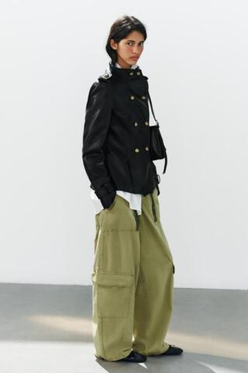 ZARA КУРТКА ИЗ ИСКУССТВЕННОЙ КОЖИ С ПУГОВИЦАМИ, ЧЕРНЫЙ