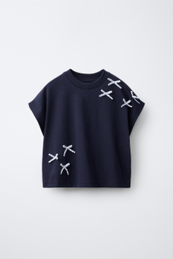 ZARA ФУТБОЛКА С БАНТАМИ, МОРСКОЙ СИНИЙ