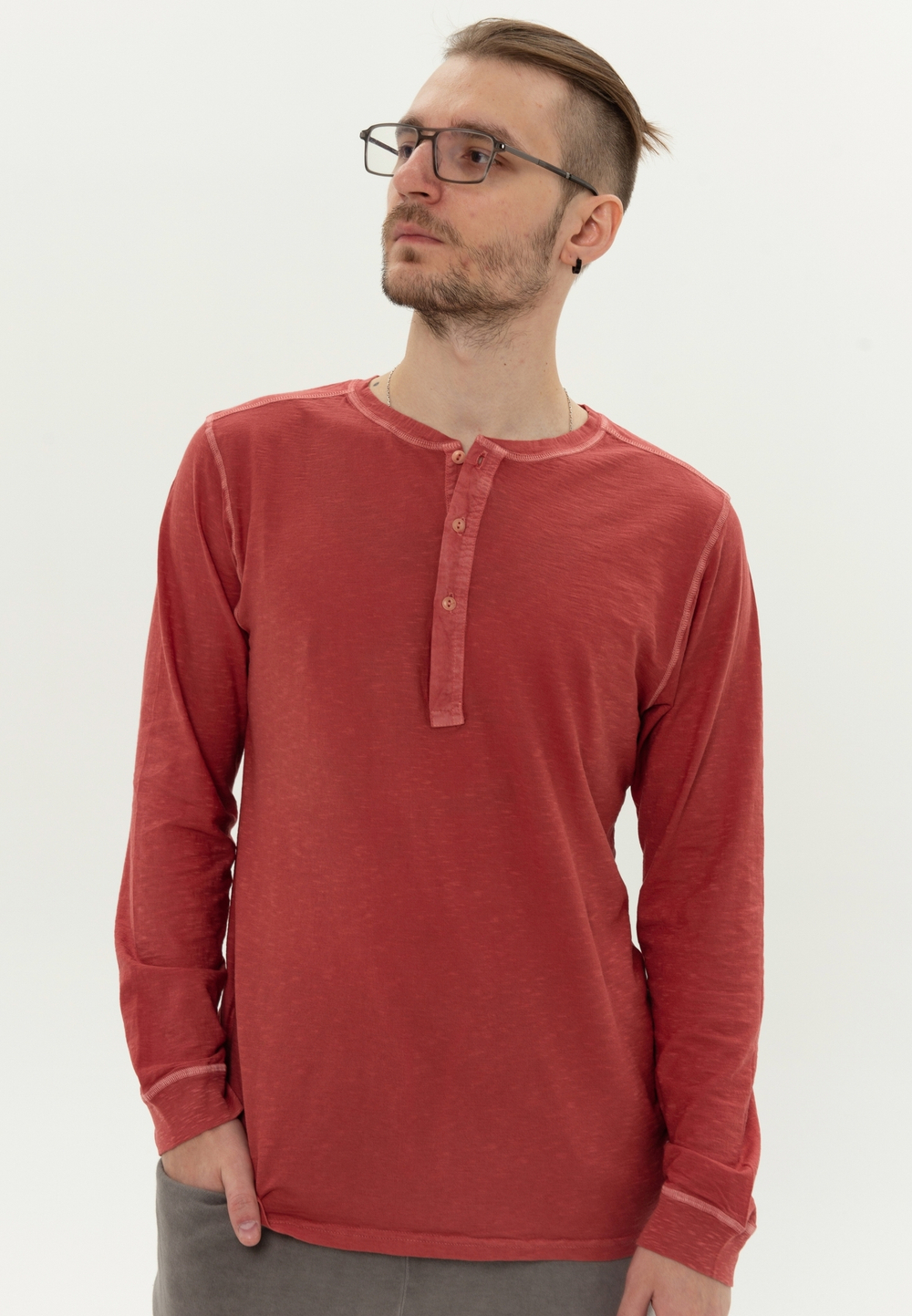 Лонгслив Bowery NYC однотонный Henley Slub DB Red