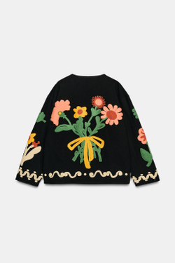 ZARA КУРТКА С ЦВЕТОЧНОЙ ВЫШИВКОЙ, ЧЕРНЫЙ