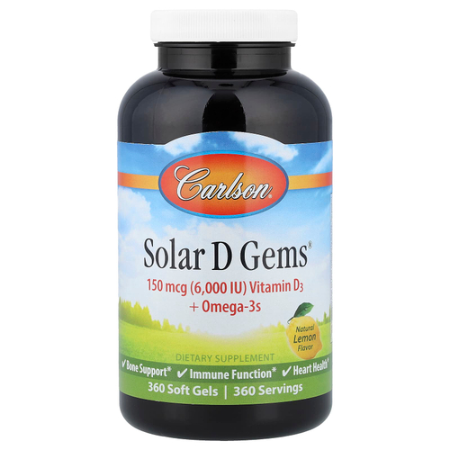 Carlson, Solar D Gems®, витамин D3 и омега-3, натуральный лимон, 360 мягких таблеток