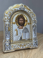 Спаситель, икона арочная с рамкой под стеклом, белое дерево 206х270