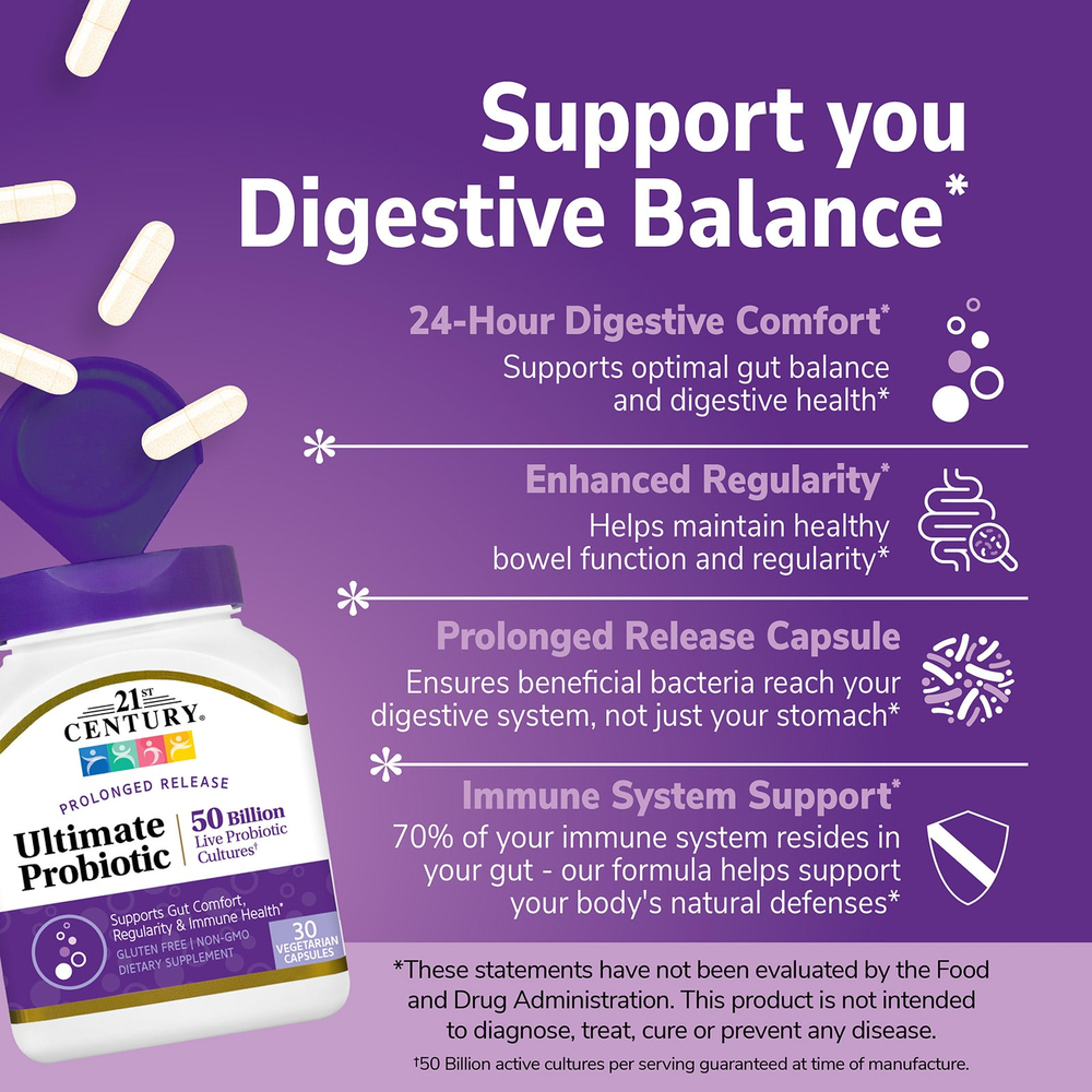 21st Century, Ultimate Probiotic, 50 млрд КОЕ, 30 вегетарианских капсул
