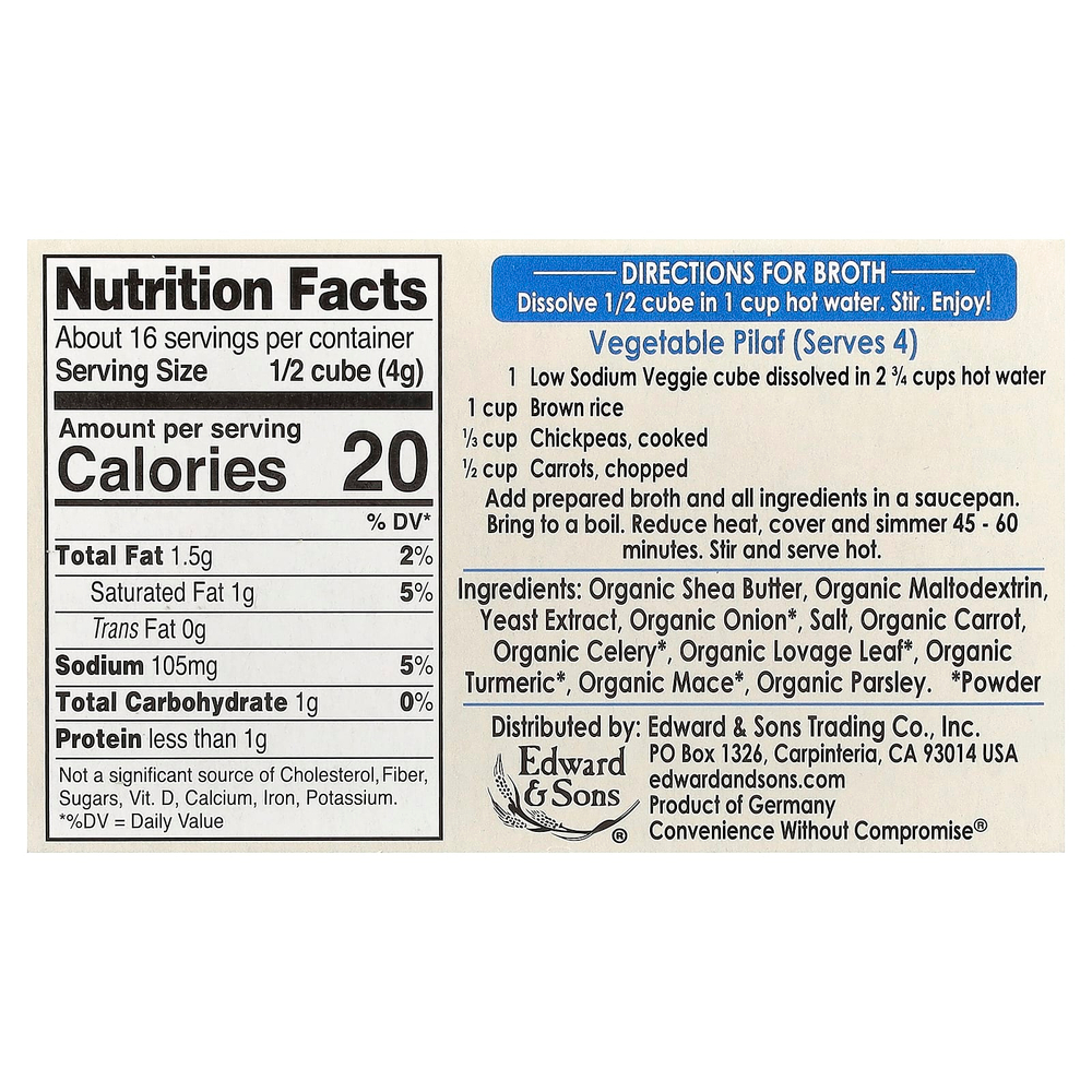Edward & Sons, Bouillon Cubes, Garden Veggie, Low Sodium, 8 Cubes, 2.2 oz (64 g)