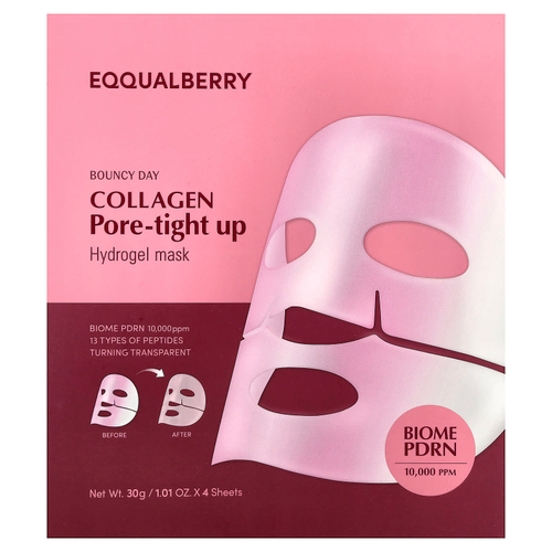 EQQUALBERRY, Bouncy Day, гидрогелевая маска для пор с коллагеном, 4 шт. по 30 г (1,01 унции)