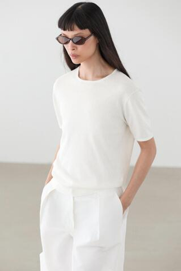Massimo Dutti Свитер из смесового хлопка с короткими рукавами, натуральный/кремовый