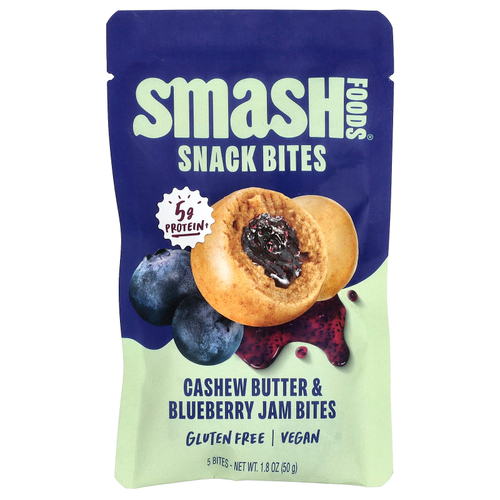 Smash Foods, Snack Bites, масло из кешью и голубический джем, 5 шт., 50 г (1,8 унции)