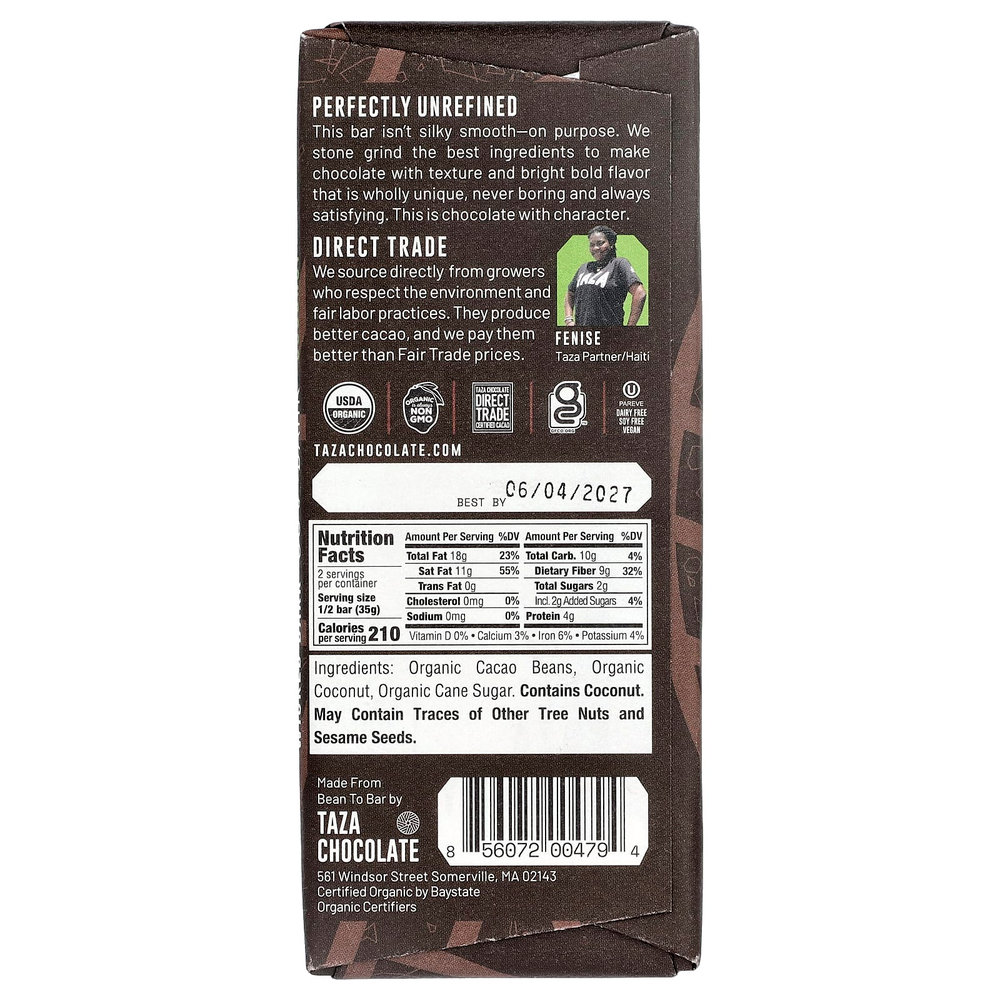 Taza Chocolate, 95% Dark Chocolate, Wicked Dark, Coconut, 2.5 oz (70 g)