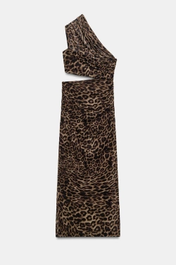 ZARA ДЛИННОЕ ПЛАТЬЕ С АНИМАЛИСТИЧЕСКИМ ПРИНТОМ И РАЗРЕЗОМ, ЛЕОПАРДОВЫЙ/КОРИЧНЕВЫЙ