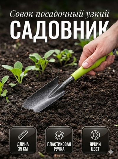 Совок посадочный «Садовник» 35см узкий, пластиковая ручка ДоброСад