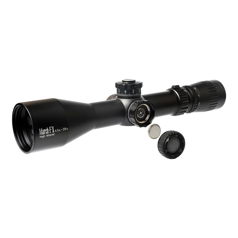 Прицел March-FX 4,5-28x52 FML-TR1 FFP 34мм - ракурс с крышкой объектива и кольцом