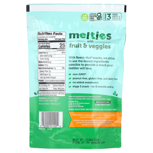 Beech-Nut, Melties с фруктами и овощами, от 8 месяцев, яблоко и тыква, 28 г (1 унция)