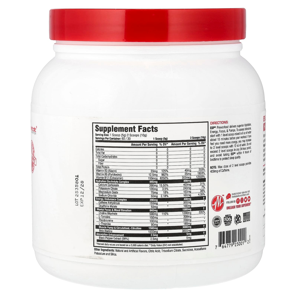 Metabolic Nutrition, ESP Pre-Workout, голубая малина`` 300 г