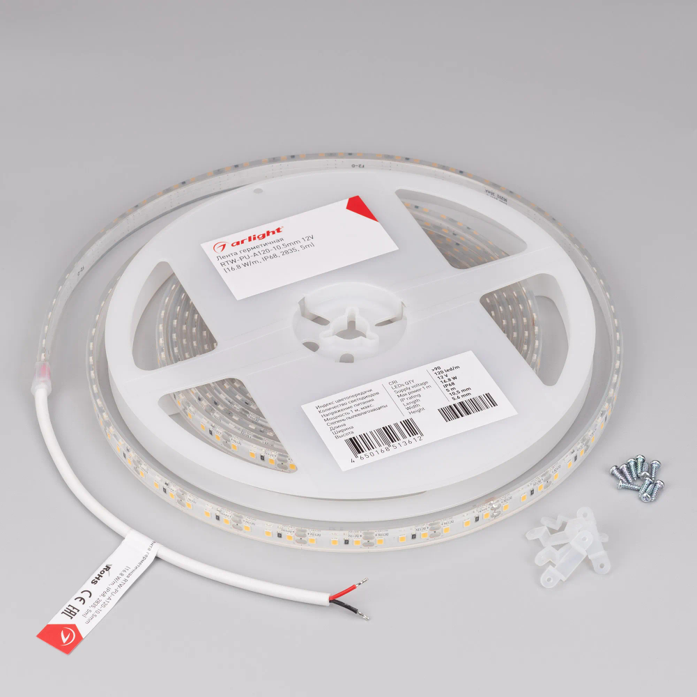 Светодиодная лента герметичная RTW-PU-A120-10.5mm 12V Cool 8K (16.8 W/m, IP68, Wire 2m, 5m) (Arlight, -) 029595(3)