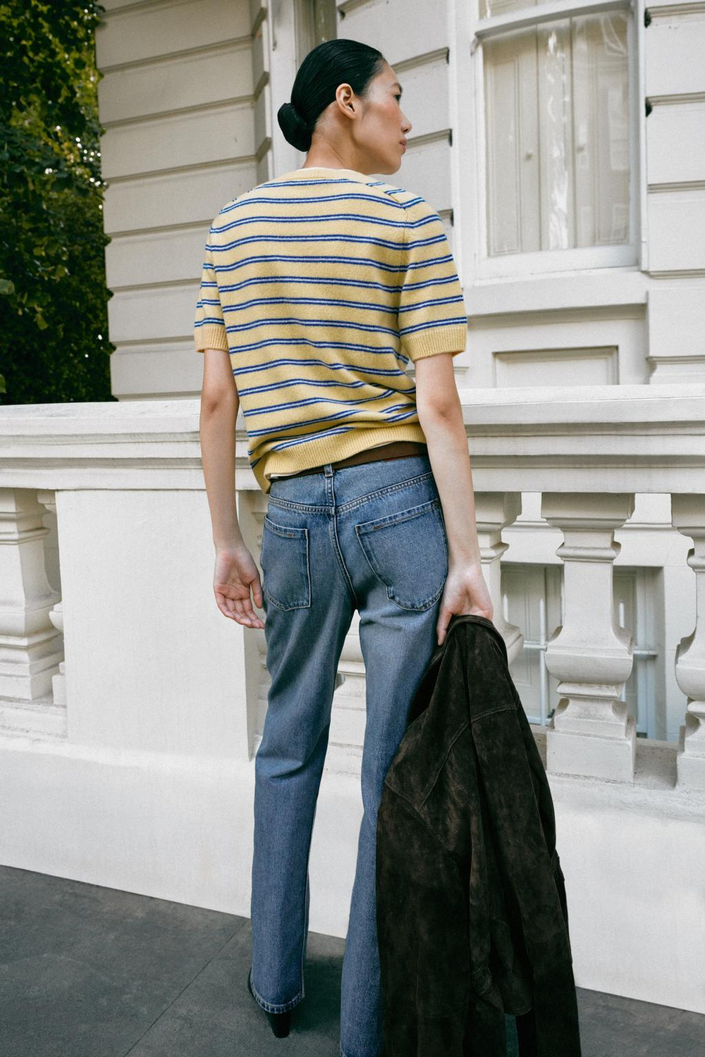 ZARA ПОЛОСАТЫЙ ШЕРСТЯНОЙ СВИТЕР С КОРОТКИМ РУКАВОМ, ЖЕЛТЫЙ