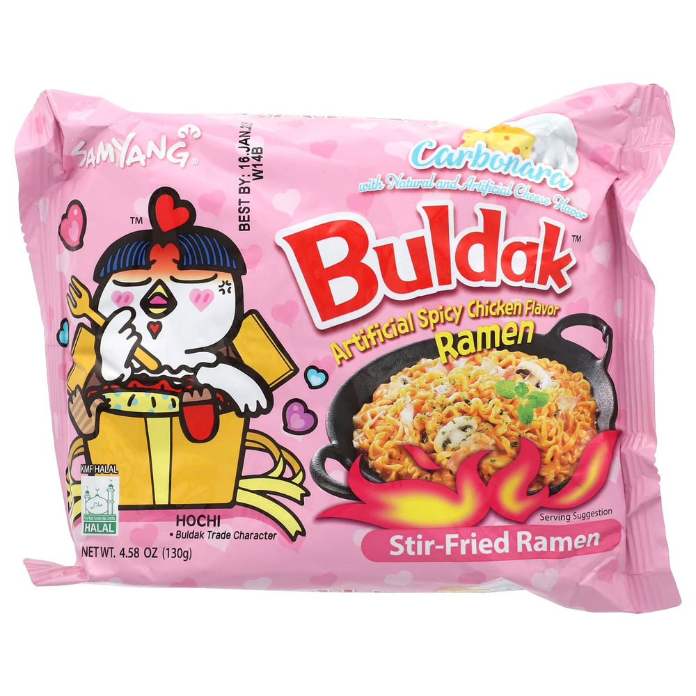 Buldak, Buldak ™, жареный рамен, пряная курица, карбонара, 5 пакетиков по 130 г (4,58 унции)