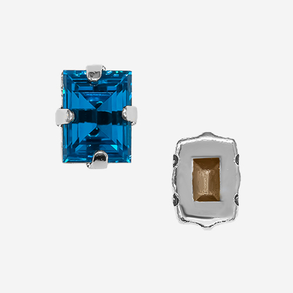 Кристалл Прямоугольник (Step Cut Fancy Stone) в цапах, оттенок "Синий Капри"/"Capri Blue", 9*7мм, родирование
