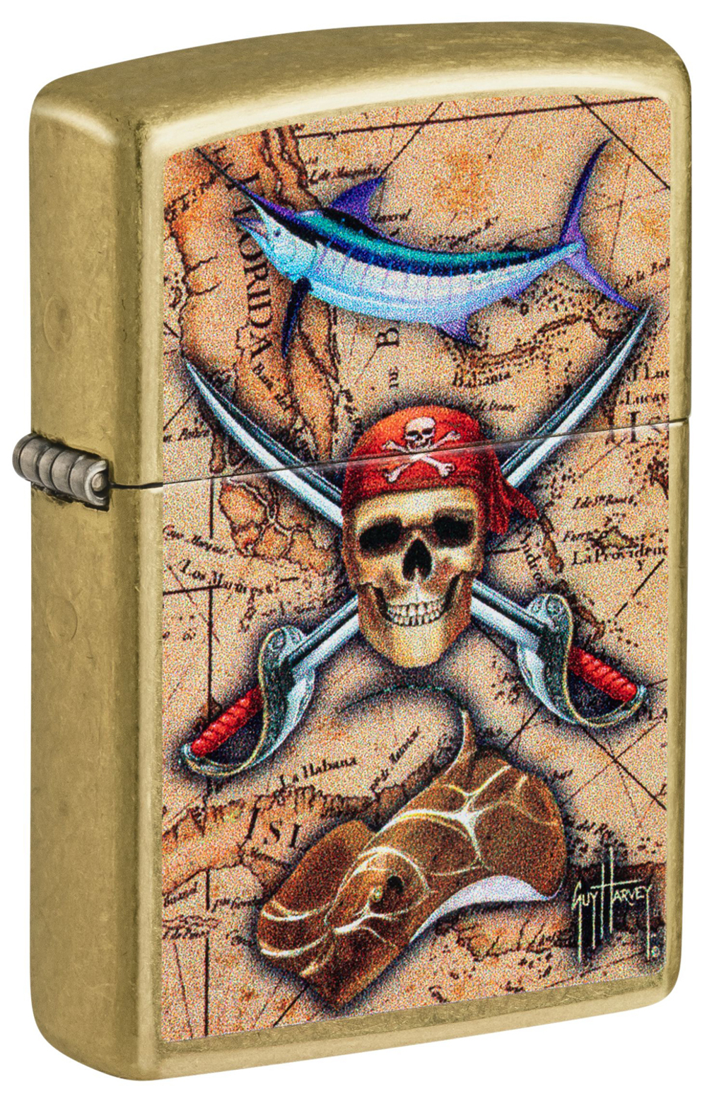 Зажигалка Zippo Guy Harvey с покрытием Street Brass, латунь/сталь, золотистая, 38x13x57 мм