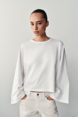 ZARA ХЛОПКОВАЯ ФУТБОЛКА С ШИРОКИМИ РУКАВАМИ, БЕЛЫЙ