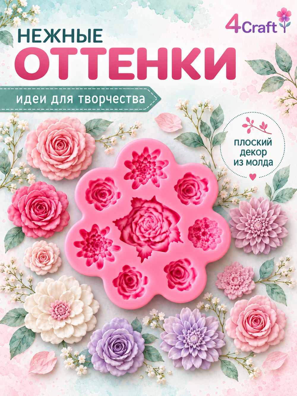 Молд силиконовый для флористики "Семицветик. Маленькие розочки" для мыла, воска и полимерной глины
