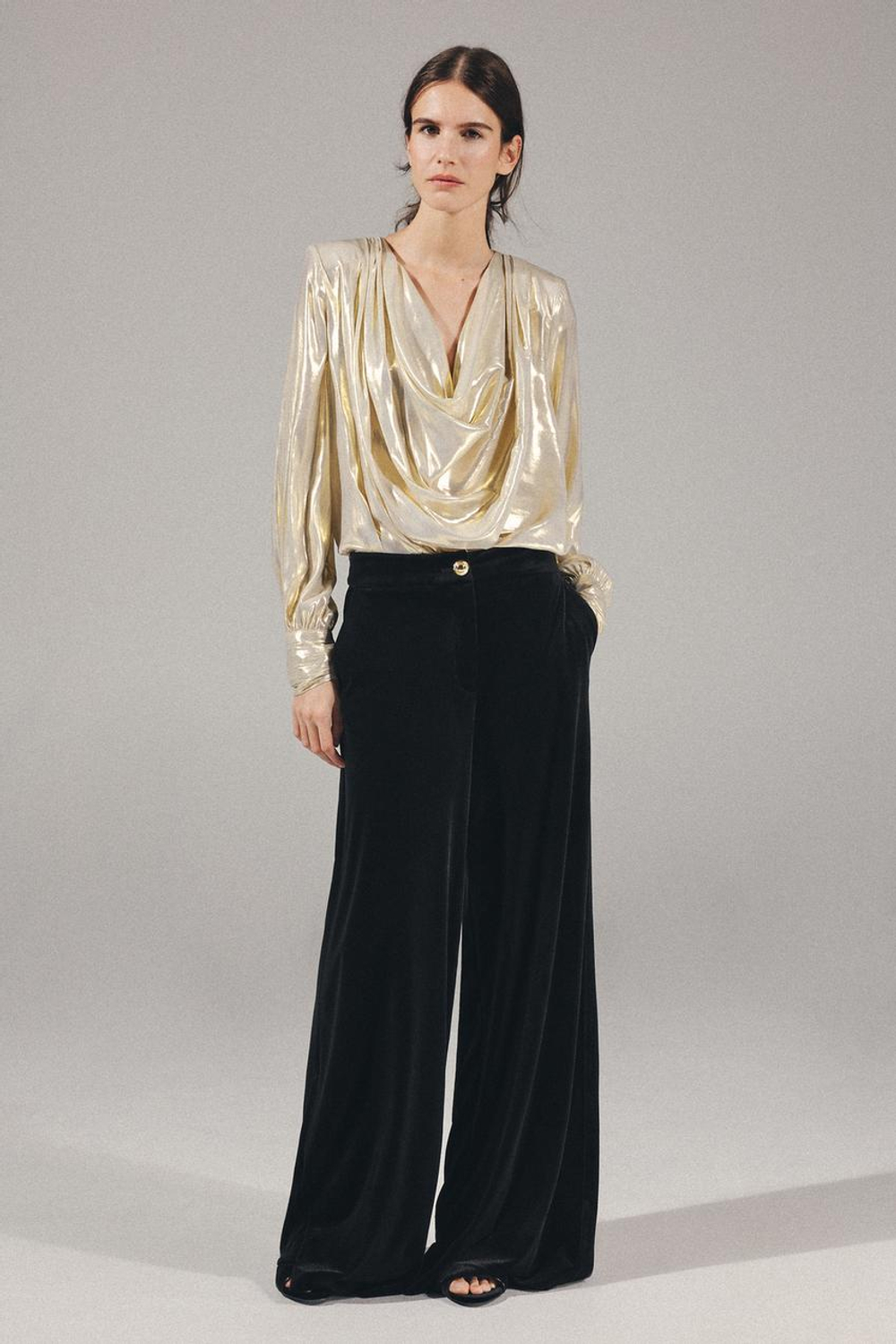 ZARA БАРХАТНЫЕ БРЮКИ ПАЛАЦЦО, ЧЕРНЫЙ