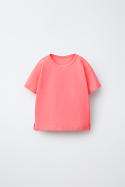 ZARA ОДНОТОННАЯ ФУТБОЛКА, НЕОНОВЫЙ РОЗОВЫЙ