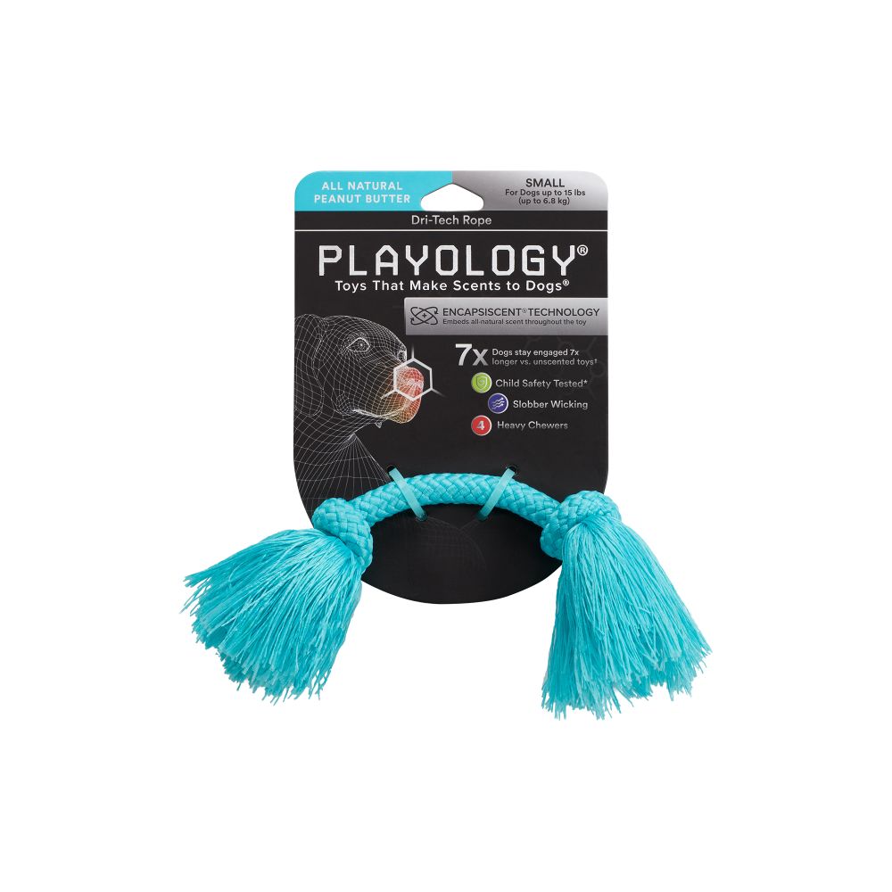 Жевательный канат Playology DRI-TECH ROPE для собак мелких пород с ароматом арахиса, маленький, цвет голубой
