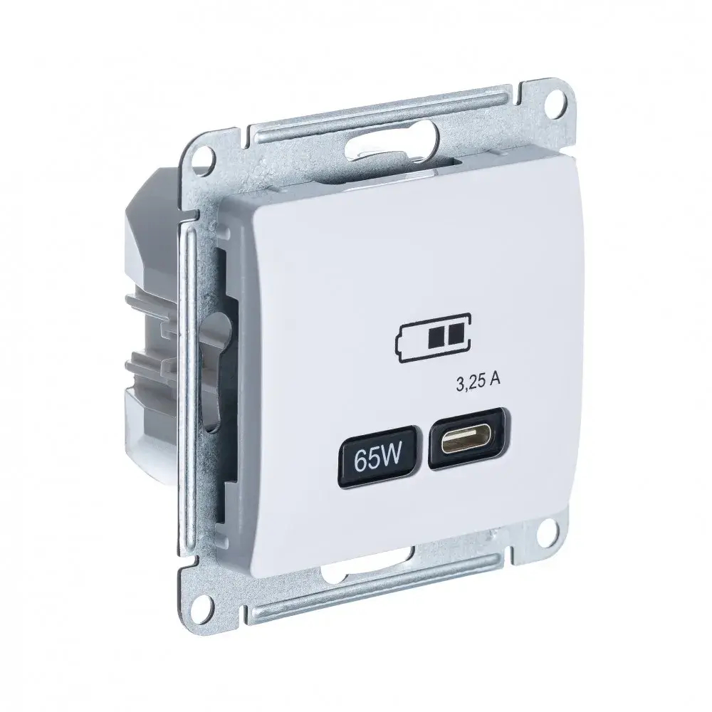 GLOSSA USB РОЗЕТКА тип-C 65Вт высокоскор.заряд. QC, PD, механизм, БЕЛЫЙ