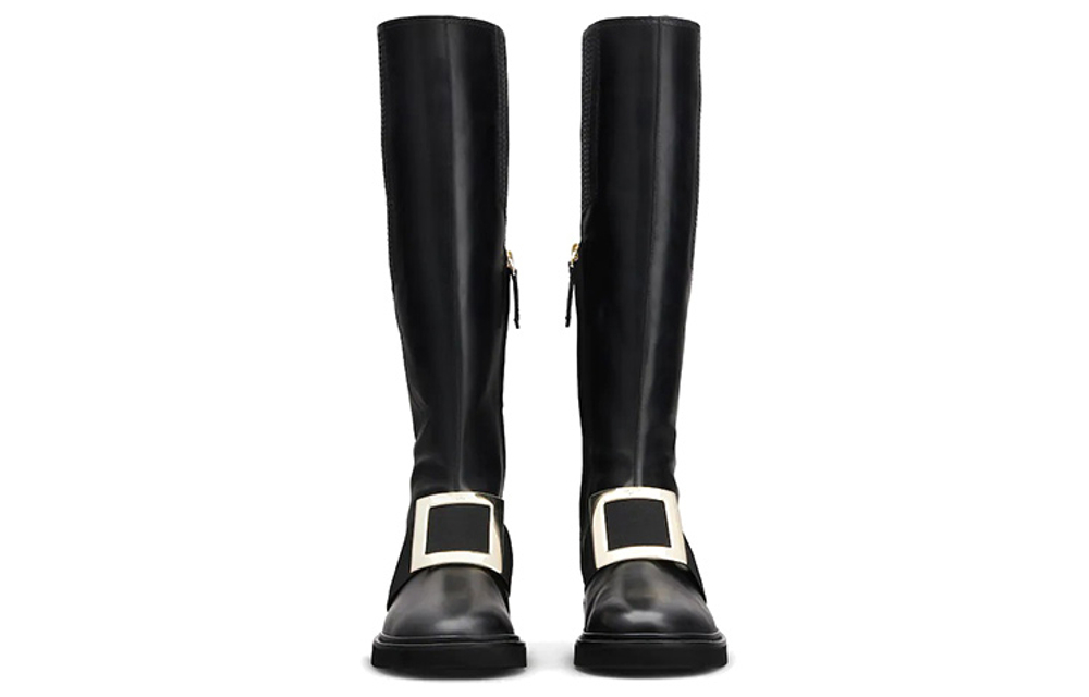 Roger Vivier Viv" Rangers Top Grain Cow Leather Knee high Boots Artistic Style Thermal Platform Metal Buckle Women"s