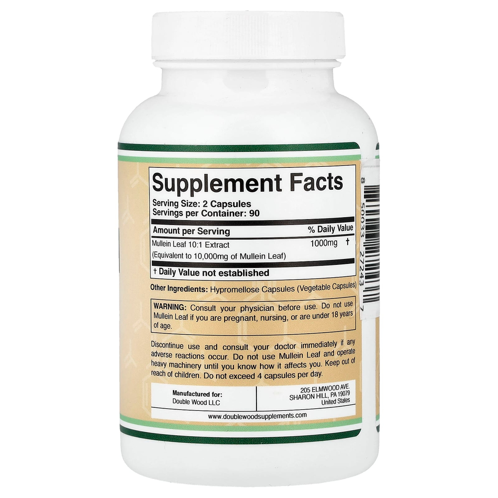 Double Wood Supplements, листья коровяка, 180 капсул (500 мг в 1 капсуле)