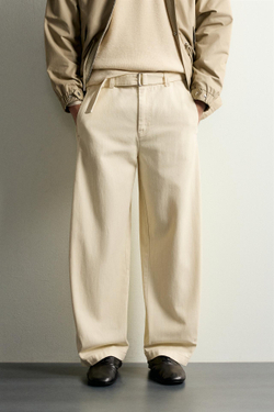 ZARA БРЮКИ RELAXED FIT С ПОЯСОМ, ЭКРЮ