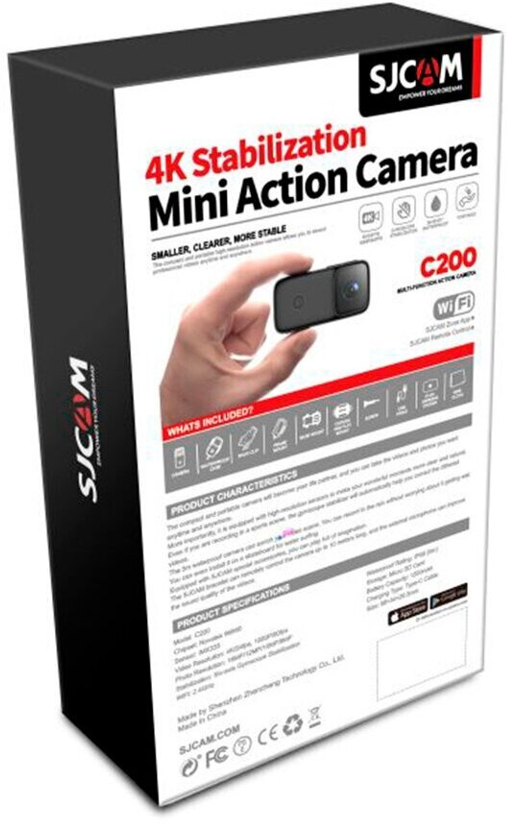 Экшн камера SJCam C200 черная с креплением, цифровым стабилизатором, водонепроницаемая 4K Ultra HD на шлем, голову, грудь, велосипед