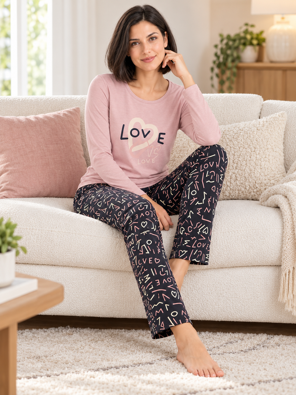 Женская пижама-комплект RUBINA Secret Homewear: верх и брюки, розовая LOVE