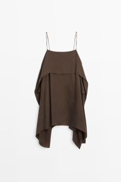 Massimo Dutti Мини-платье на бретелях с оборками, коричневый