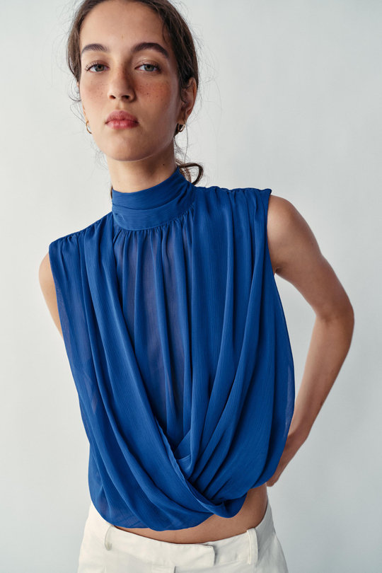 ZARA ДРАПИРОВАННЫЙ ТОП-БАЛЛОН, КОБАЛЬТОВЫЙ