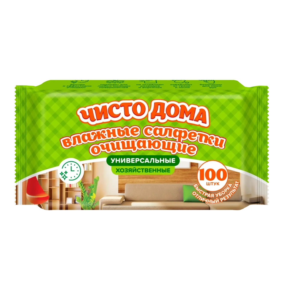 Салфетки влажные Чисто дома хоз. очищающие универсальные 100 шт✦