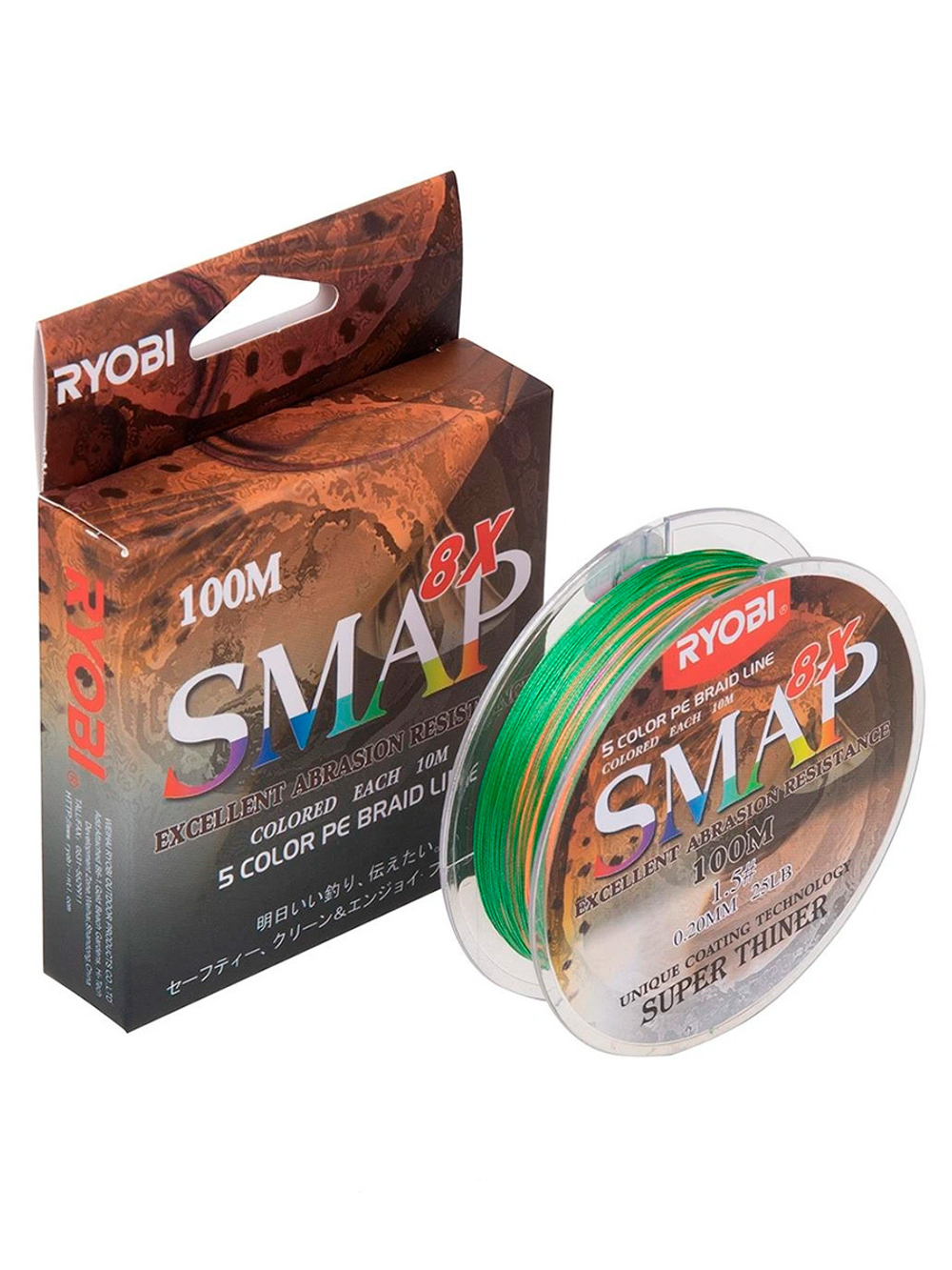 Шнур плетеный для рыбалки Ryobi SMAP PE8X-100M Multi Colour 6.0# 0,405мм