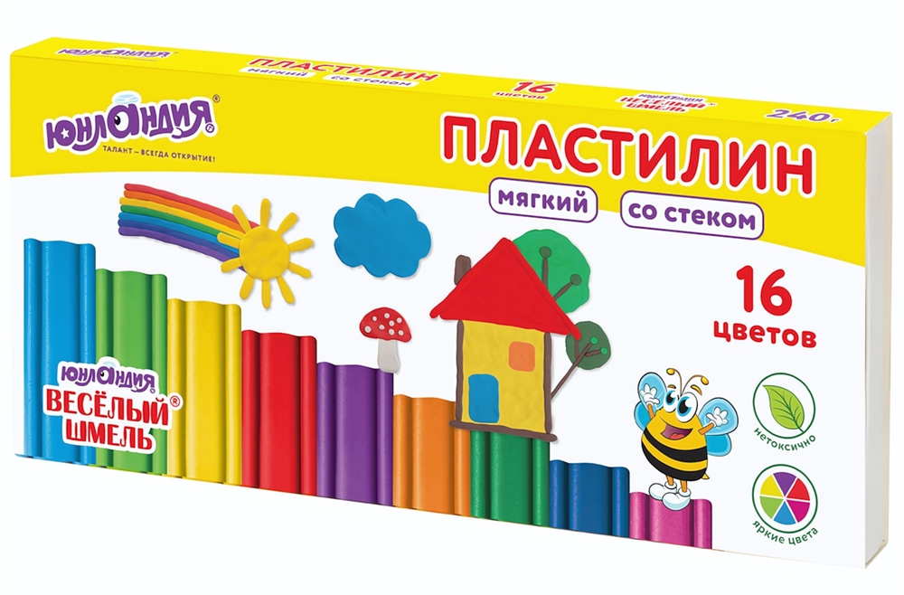 Пластилин мягкий 16цв. 240г. "Веселый шмель" со стеком (ЮНЛАНДИЯ)