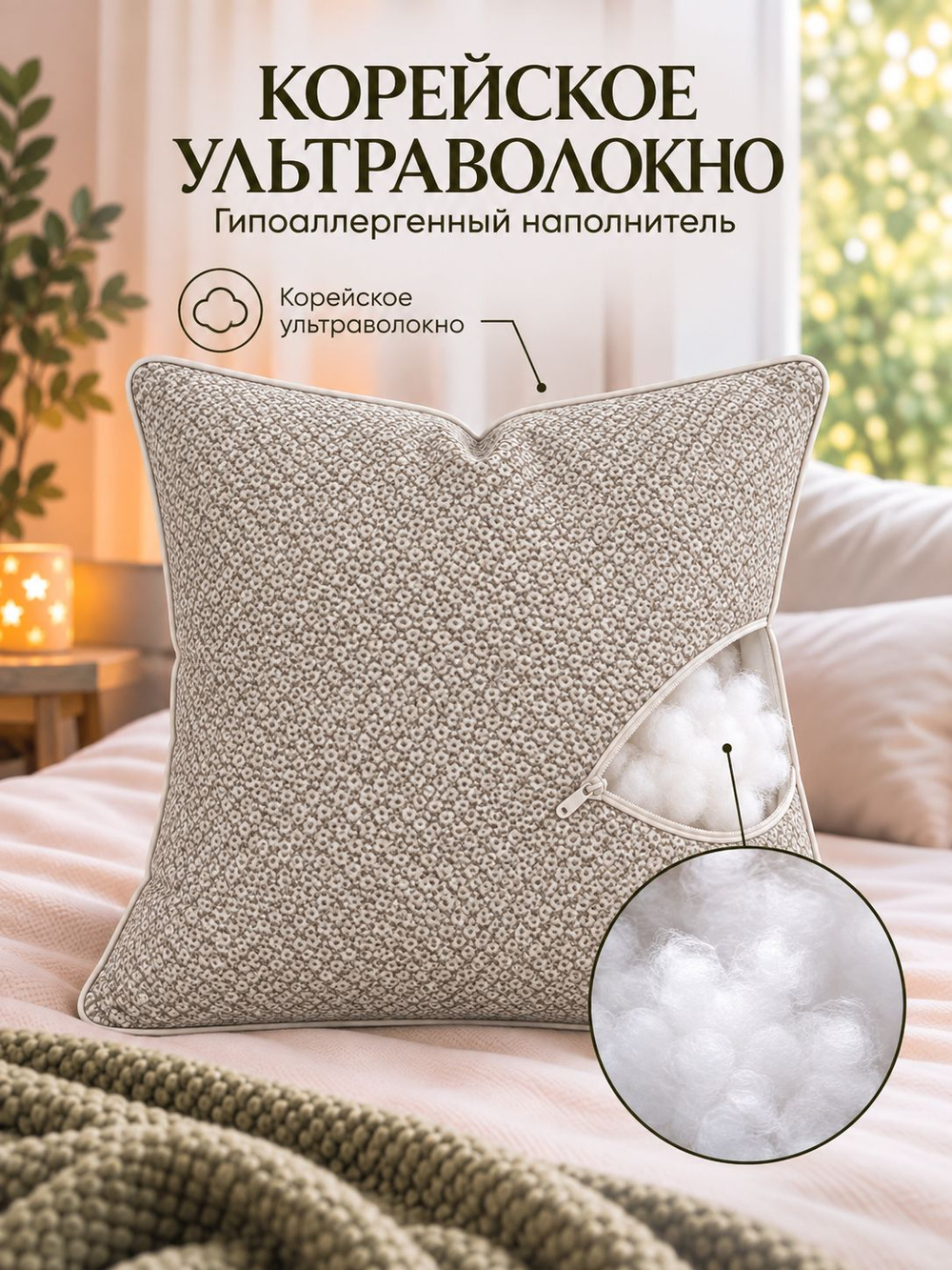 Подушка 60х60 для сна, чехол 100% хлопок, лаванда