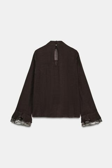 ZARA РУБАШКА С ВОЛАНАМИ И КРУЖЕВОМ, КОРИЧНЕВЫЙ