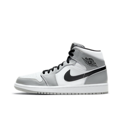 alt="Air Jordan 1 Mid Light Smoke Grey 2025 554724-078 белые с серыми накладками и черным Swoosh вид сбоку на белом фоне"