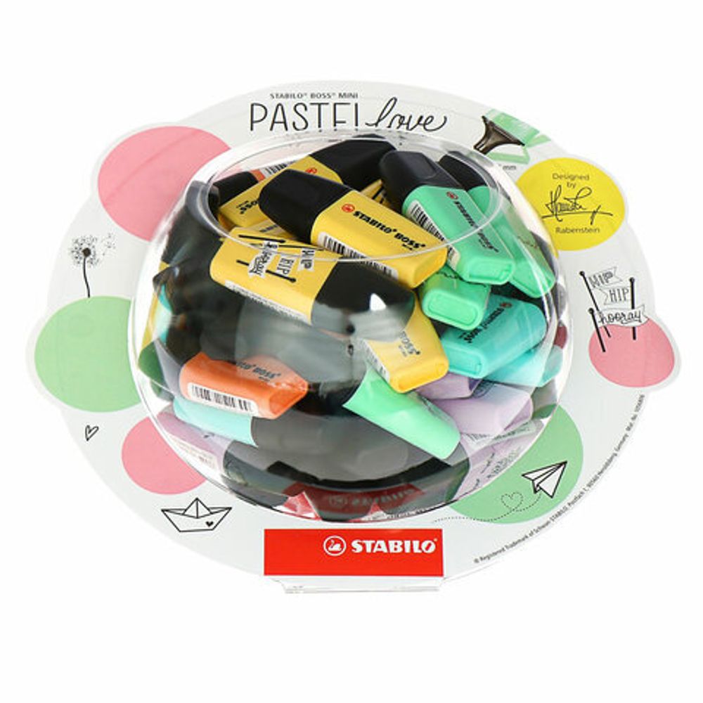 Текстовыделитель STABILO "Boss Mini PastelLove", АССОРТИ В ПЛАСТИКОВОЙ БАНКЕ, линия 2-5 мм, 07/50-07