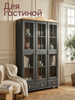 Шкаф витрина Бритта трехдверная серый/антик
