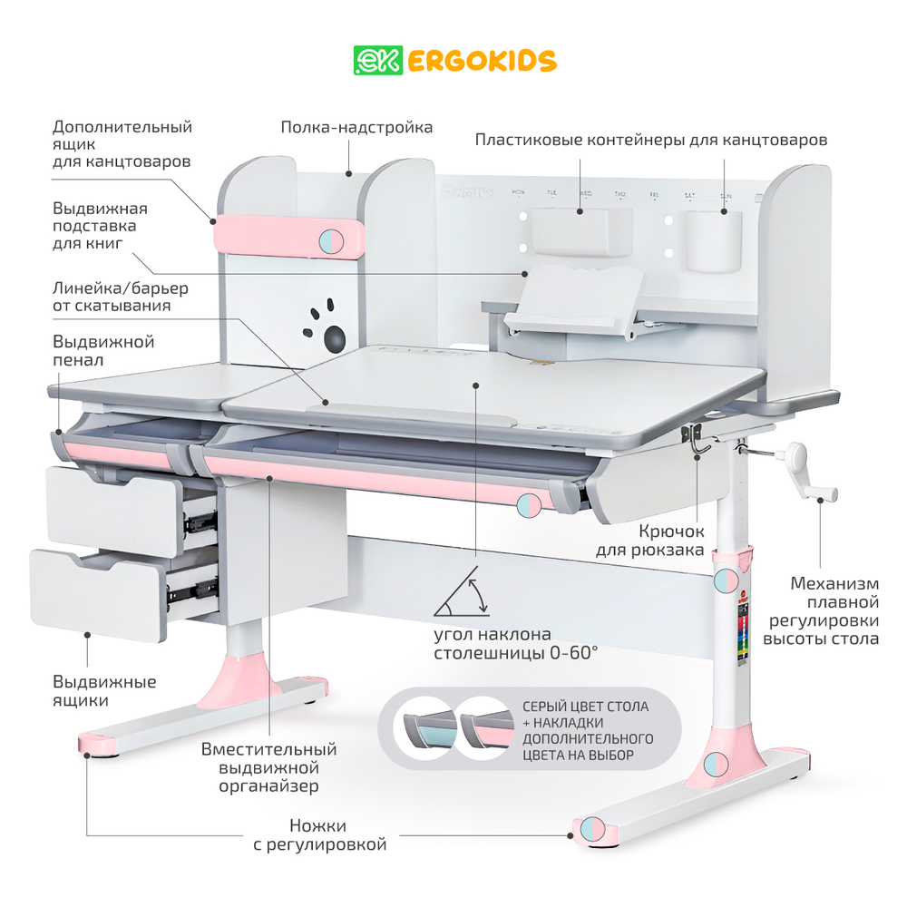 Письменный стол для школьников Ergokids Hamilton Multi BD-680