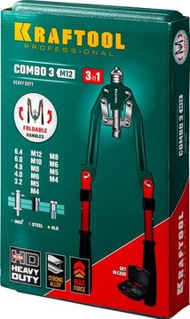 KRAFTOOL Combo3-M12, 3 вида заклёпок, комбинированный складной заклепочник в кейсе (31182)