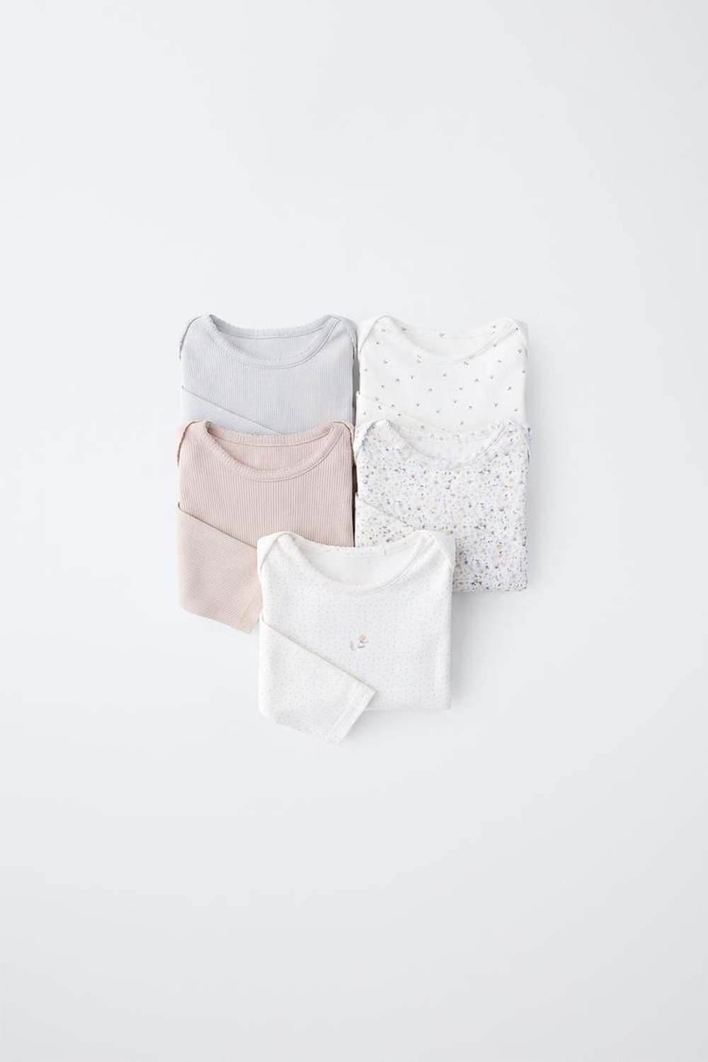 ZARA НАБОР ИЗ 5 БОДИ С ЦВЕТОЧНЫМ ПРИНТОМ И ДЛИННЫМИ РУКАВАМИ, СЕРЫЙ/НЕЖНО-КОРИЧНЕВЫЙ