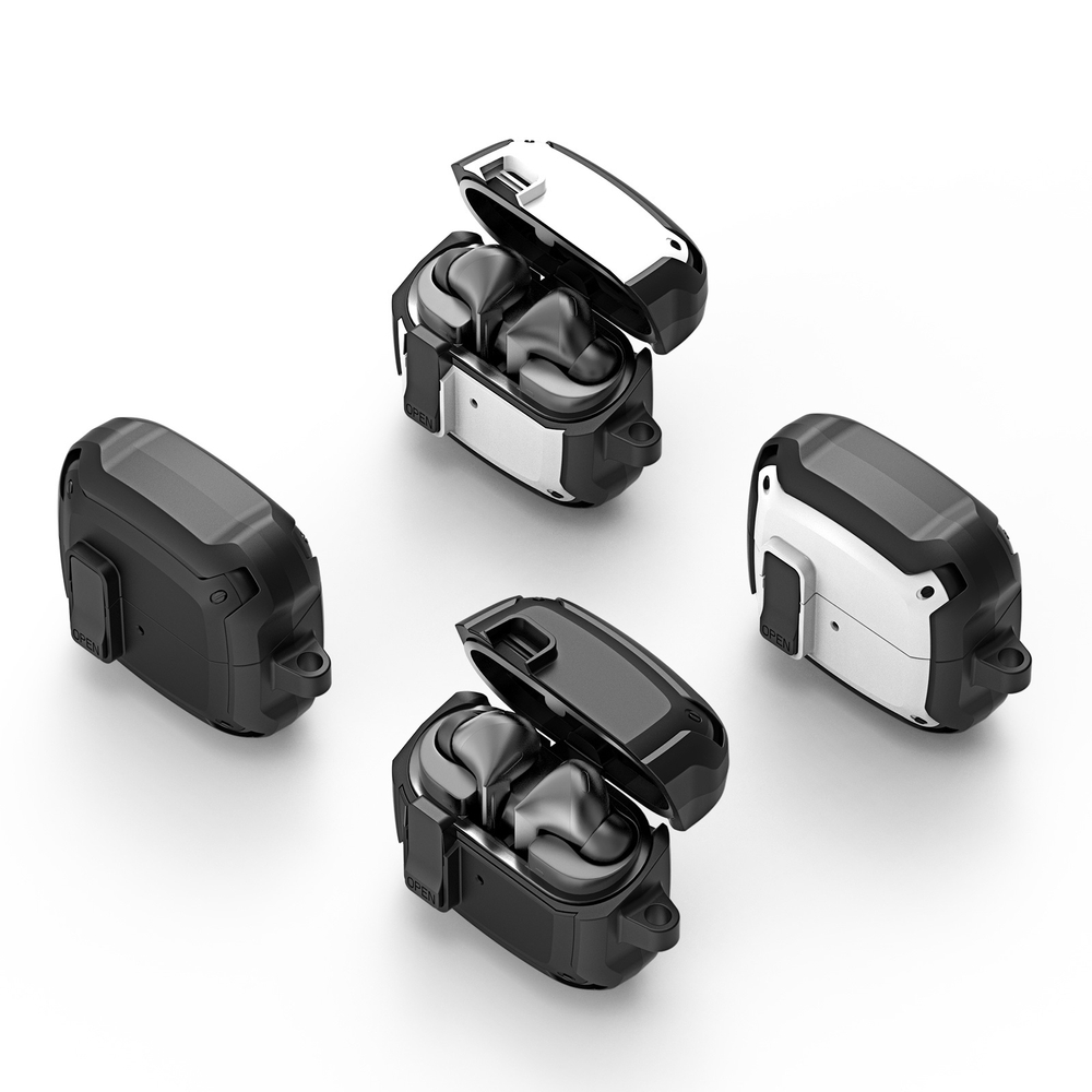 Усиленный чехол белого цвета от Dux Ducis для наушников Samsung Buds 3 и Buds 3 Pro, серия SECH Series Case, в комплекте с карабином